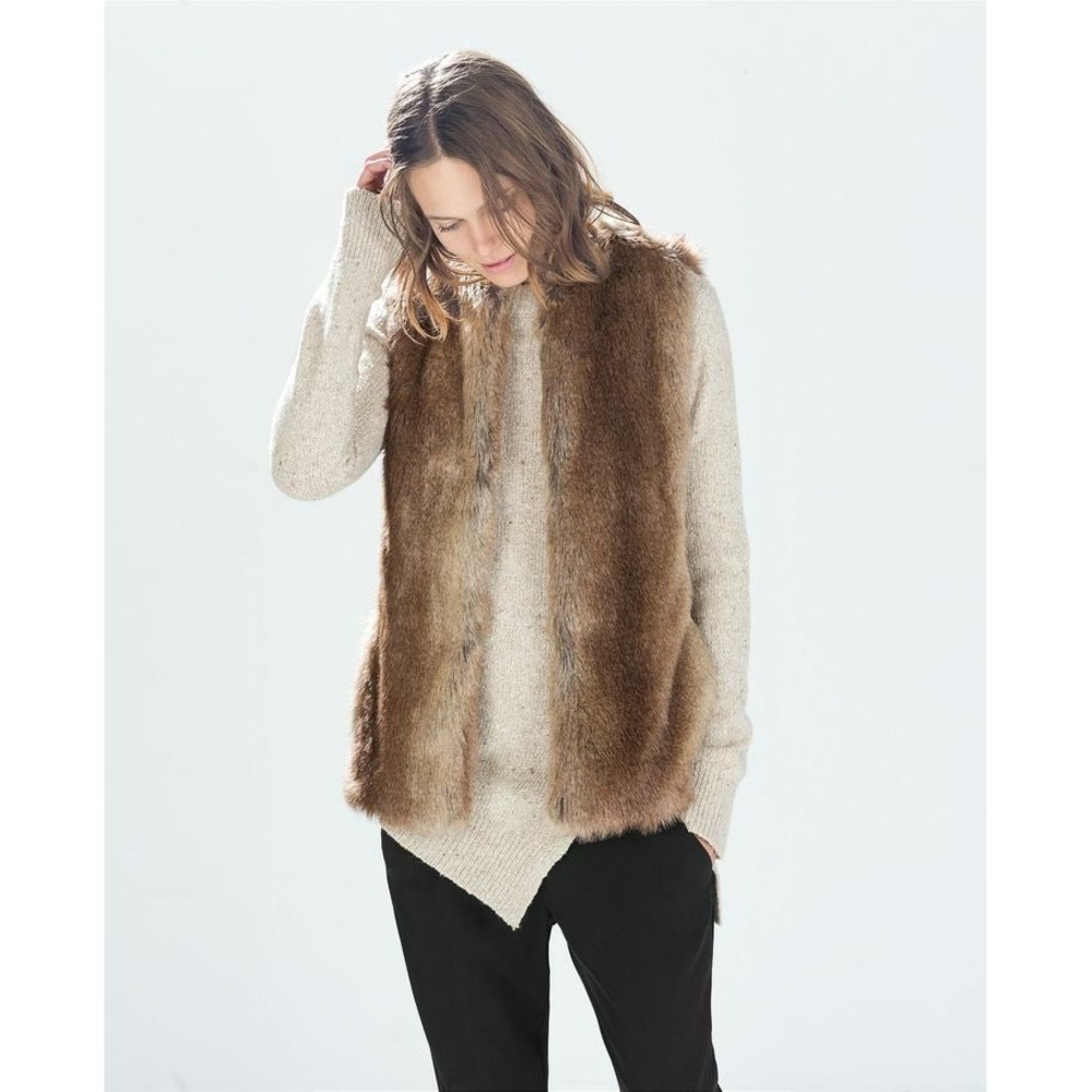 Zara Trafaluc Faux Fur Vest Brown Tan Sleeveless Open Front Outerwear Small